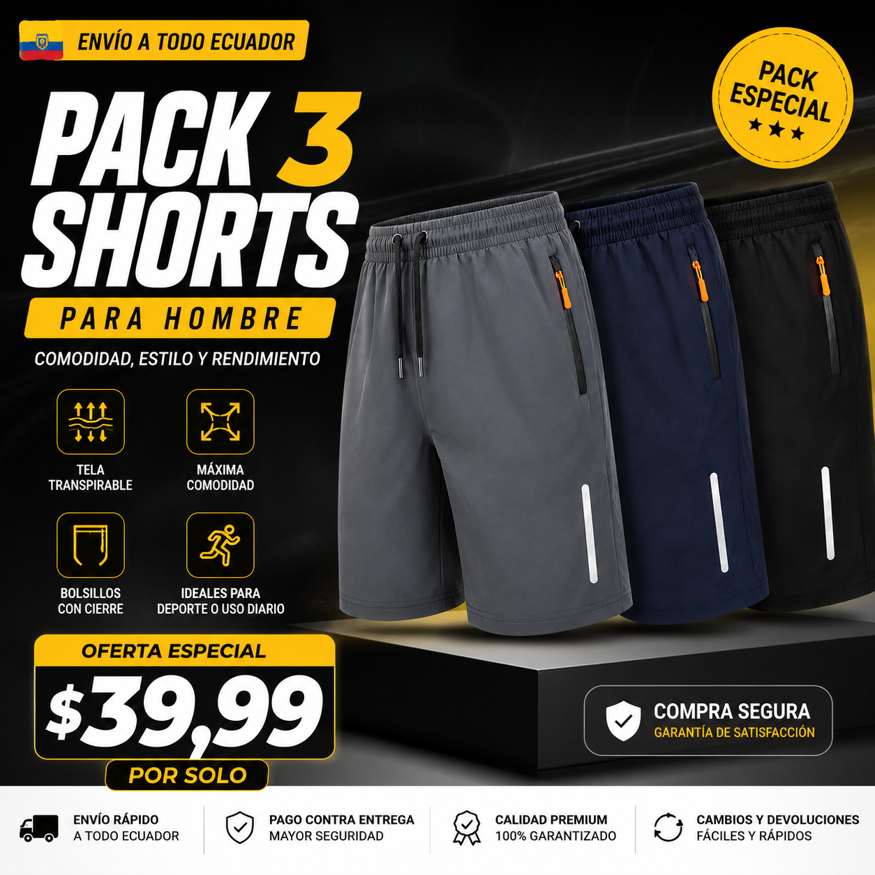 Shorts elásticos Slim Max-Secado rápido Pack 3 en 1