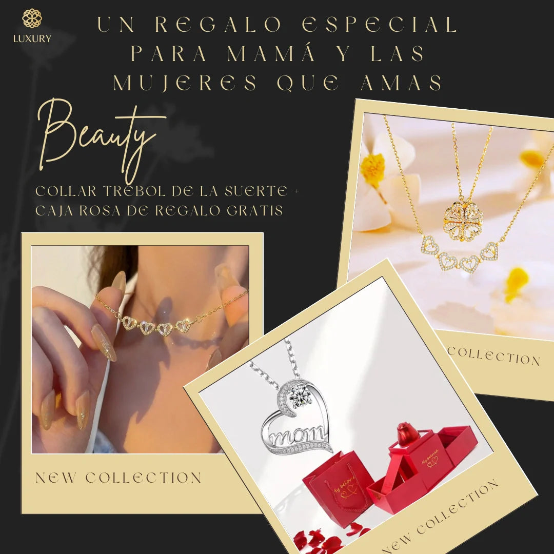 COLLAR TREBOL DE CUATRO HOJAS PARA MAMA 2x1 ESTUCHE PREMIUM PARA REGALAR